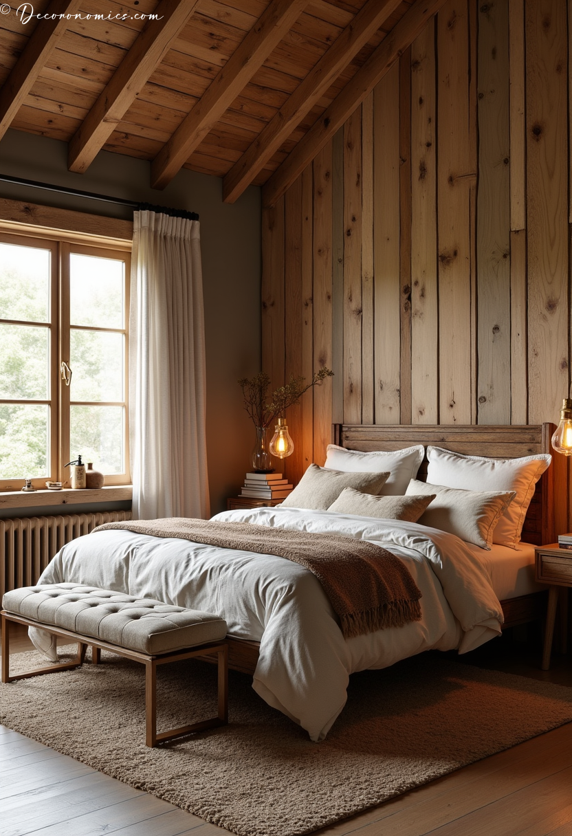 Cozy rustic bedroom with wooden beams