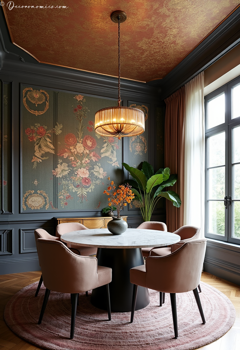 Wallpapered dining room