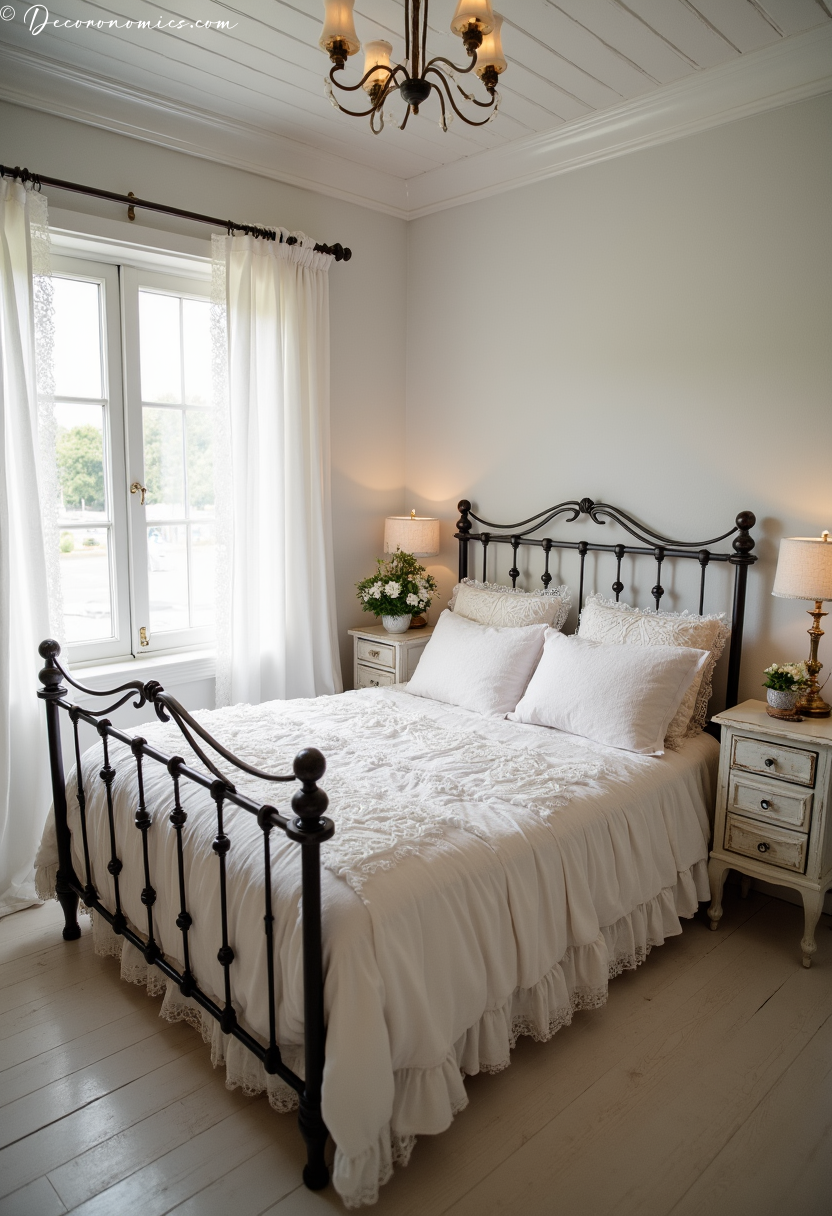 Shabby chic bedroom with iron bed and lace