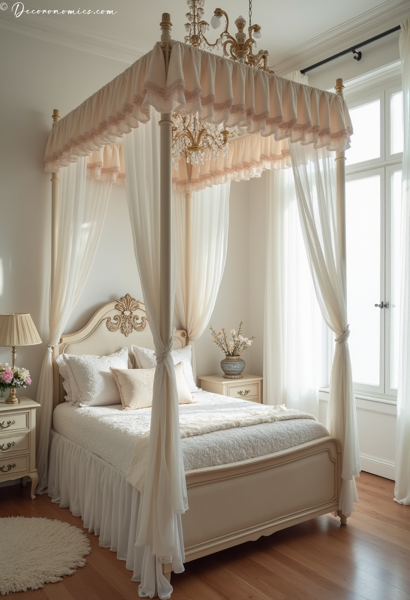 Canopy bed with draped fabric
