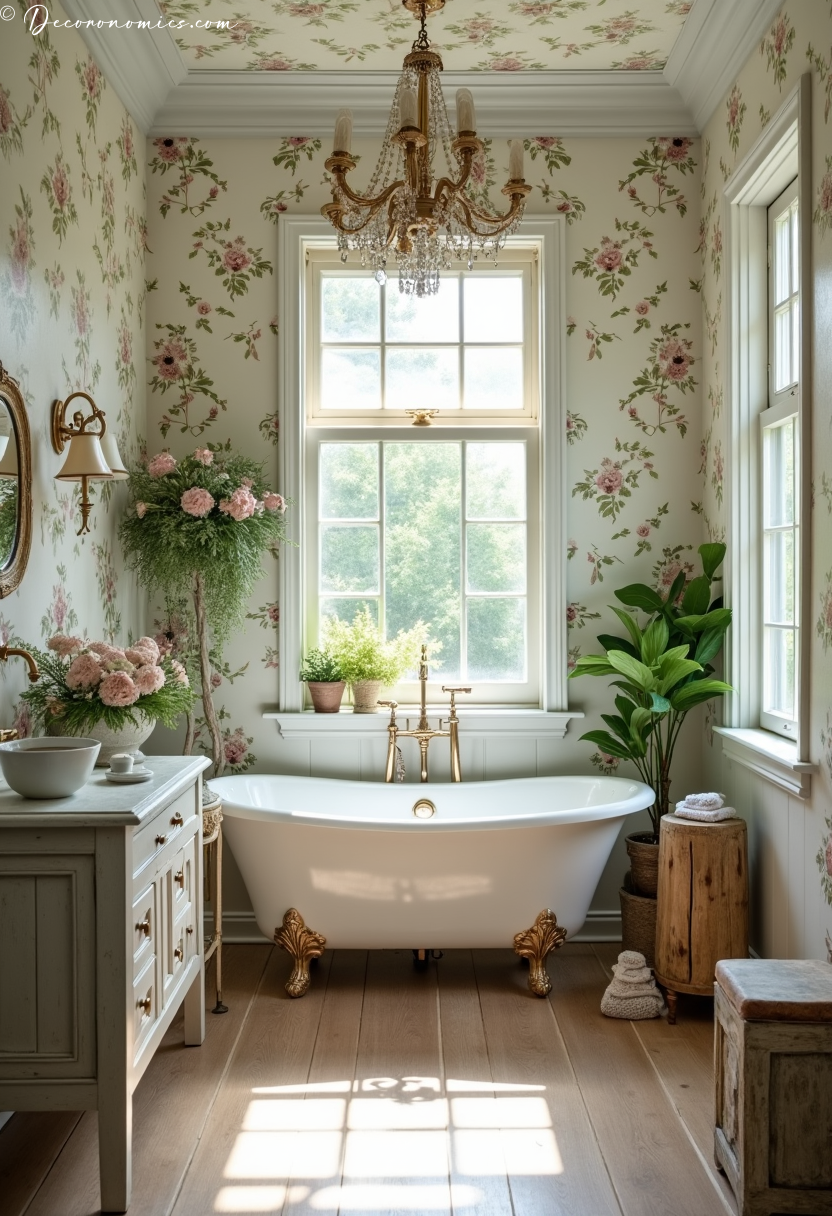 Garden bath with floral wallpaper
