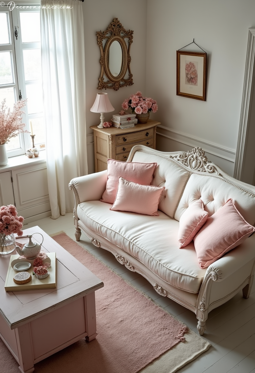 Living room with distressed white furniture