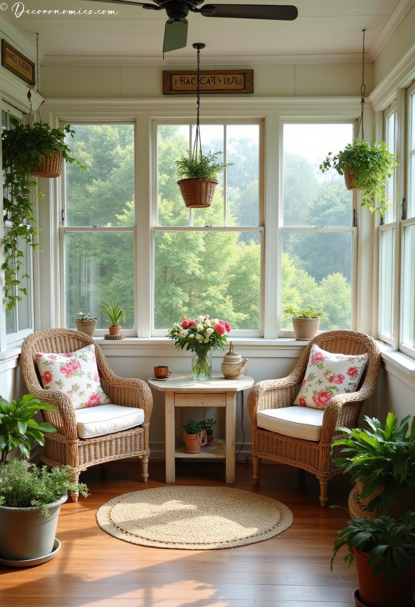 Sunroom with wicker and floral cushions