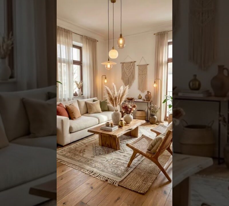 Warm Boho Living Room with Layered Textures and Earthy Tones