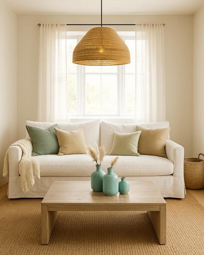 Airy Coastal Living Room with Rope & Sea Glass Tones
