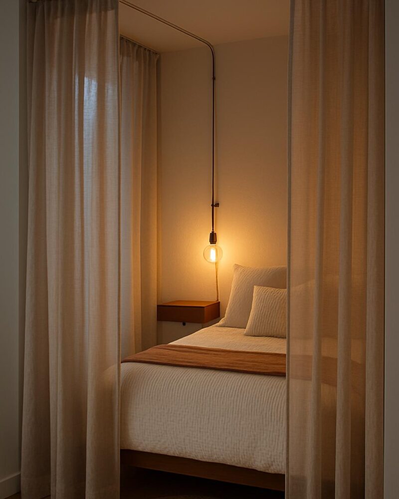 Cozy Studio Alcove Bedroom: Curtains & Soft Light