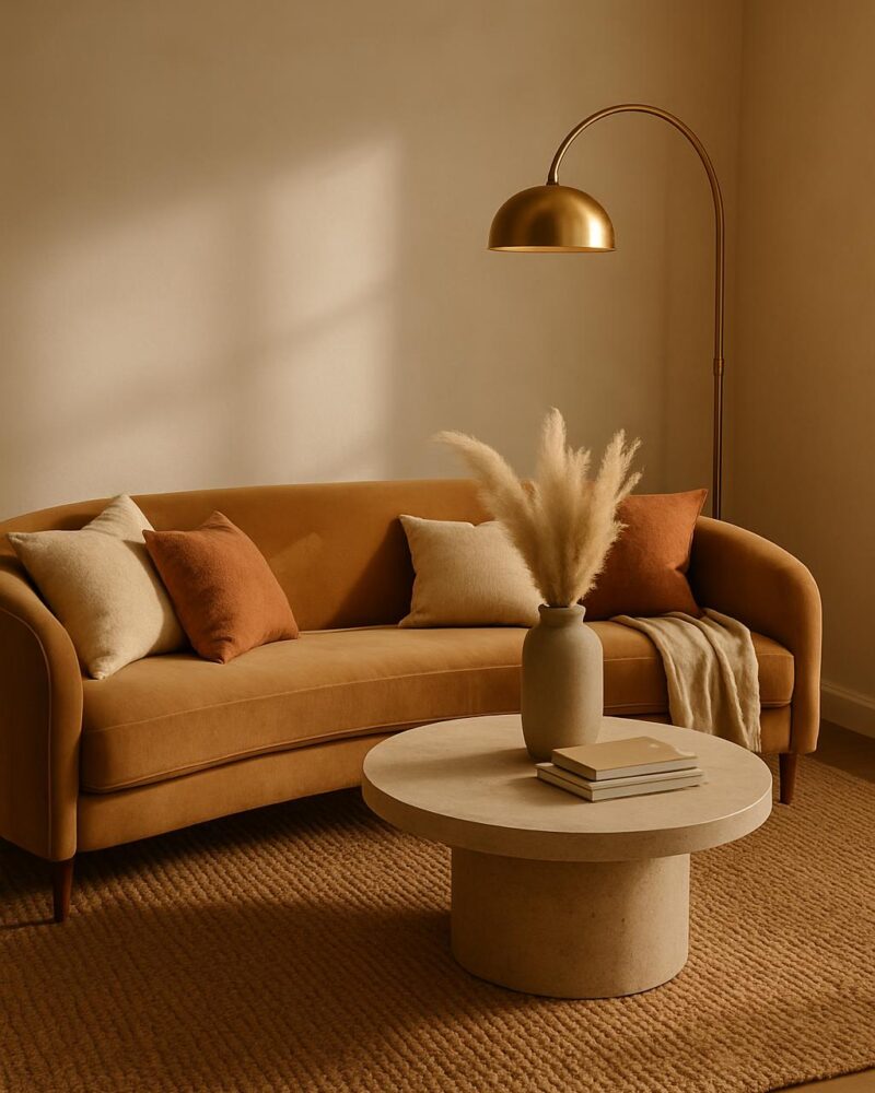 Curved Sofa Living Room: Earthy Tones & Soft Drama