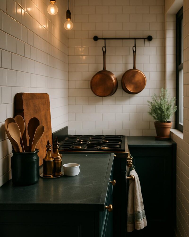 Green & Brass Bistro Kitchen That Feels Like Paris