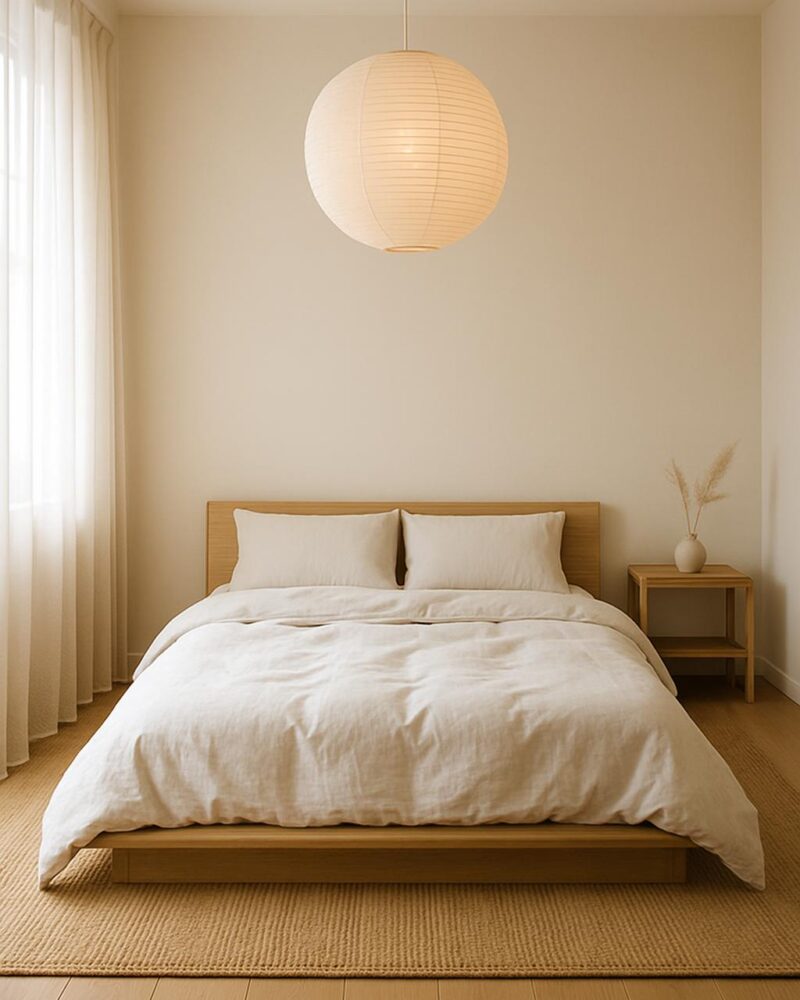 Serene Japandi Bedroom with Linen & Low Platform Bed
