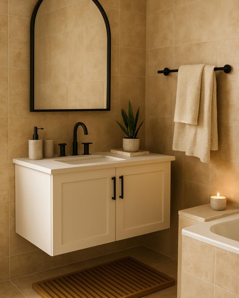 Spa Bathroom with Warm Stone & Black Fixtures