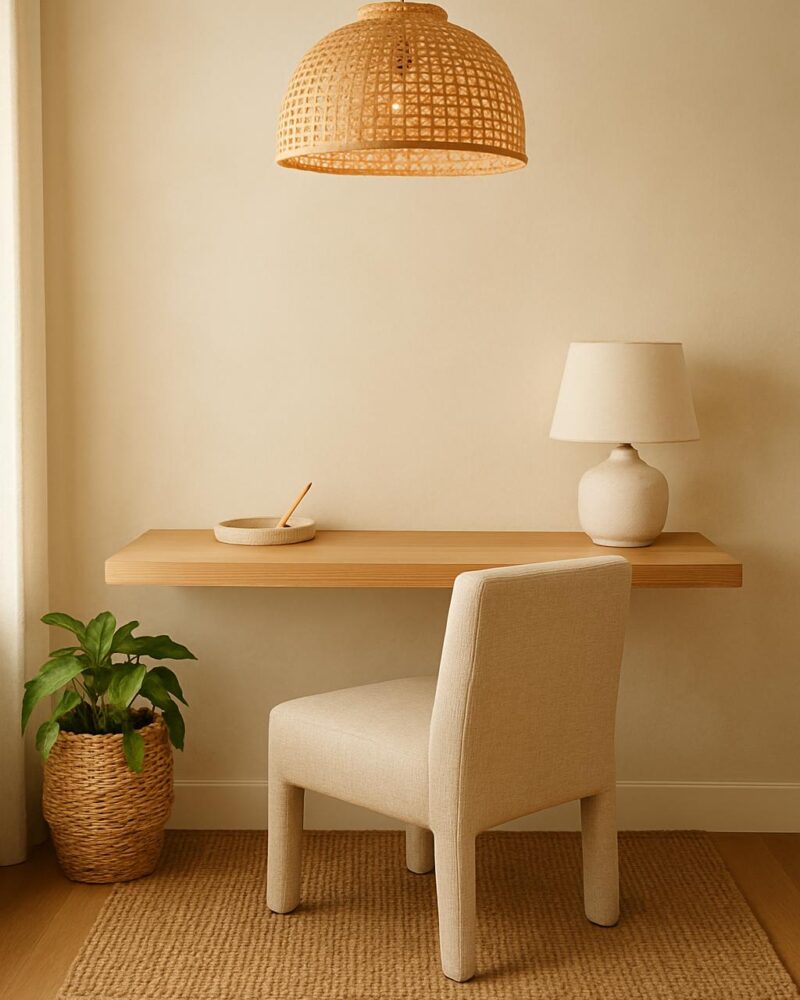 Warm Japandi Home Office with Linen & Rattan
